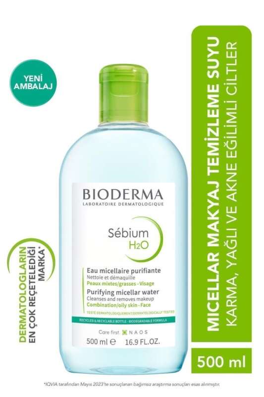 Bioderma Sebium H2O Yüz ve Makyaj Temizleme Suyu 500 ml - Yağlı ve Problemli Ciltler için Gözenek Arındırıcı, Hipoalerjenik Misel Su - 1