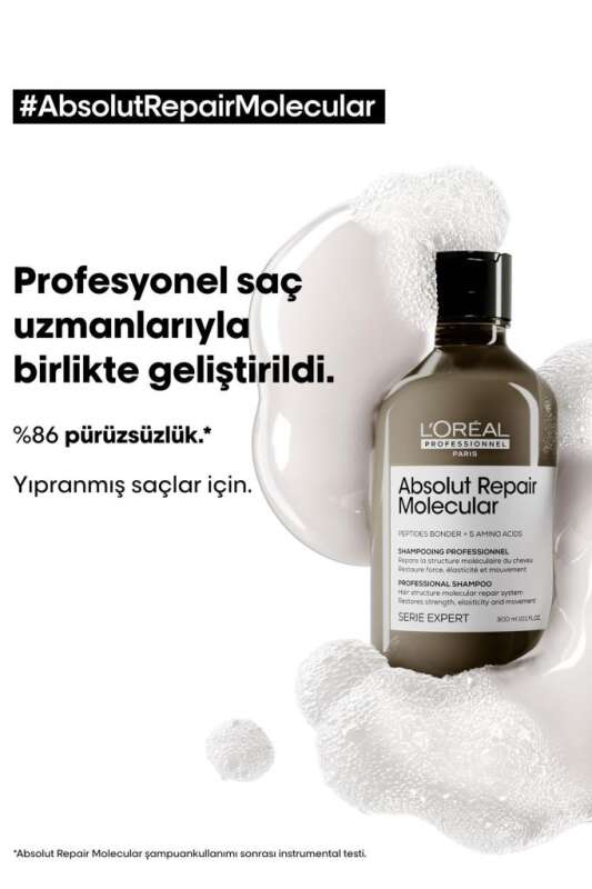 L’Oréal Professionnel Absolut Repair Molecular Yıpranmış Saçlar İçin Onarıcı Şampuan 300ml - Moleküler Bakım & Derin Nem - 2