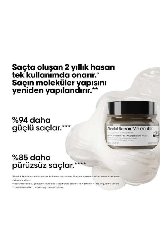 LOréal Professionnel Absolut Repair Molecular Yoğun Onarıcı Maske - Yıpranmış Saçlar İçin Moleküler Teknoloji & 72 Saat Nem 250ml - 2