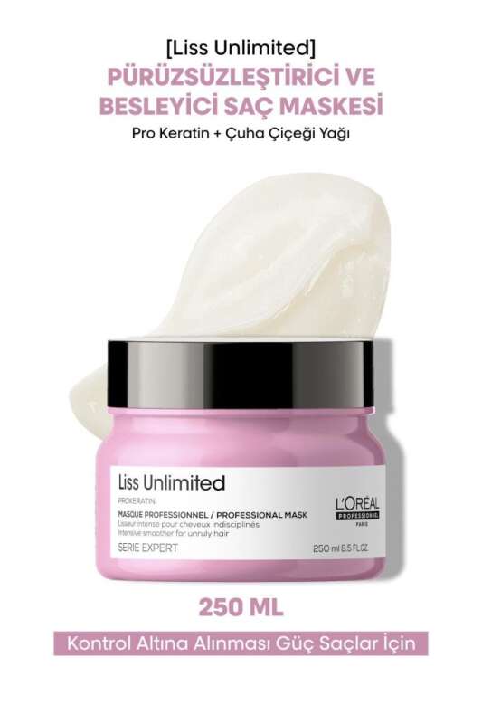 LOréal Professionnel Liss Unlimited Asi ve Dalgalı Saçlar İçin Yoğun Düzleştirici Maske - Kalıcı Pürüzsüzlük ve Isı Koruması 250 Ml - 1